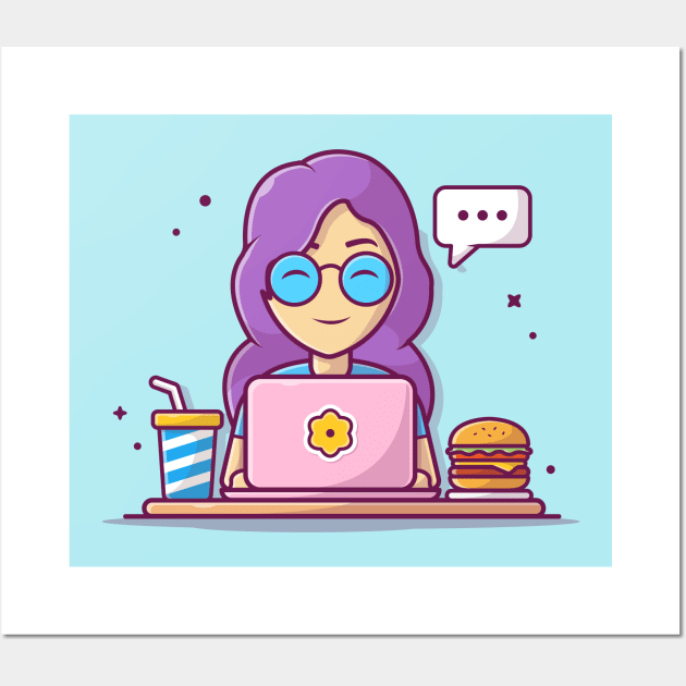 Woman Operating Laptop With Burger And Soft Drink And speech Bubble Cartoon Wall Art by Catalyst Labs